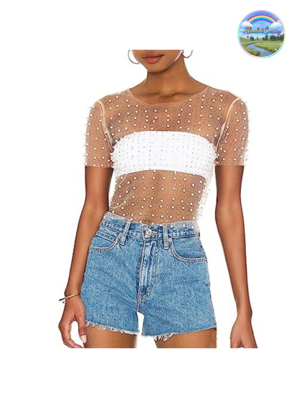 Pearl Rhinestone Beaded Sheer Mesh Crop Tee Slim Fit Short Sleeve See Through